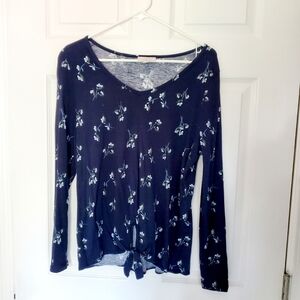 LOFT Navy Floral Long Sleeve Knit Tie-Front Top